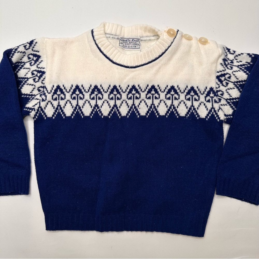 Cradle Knit VTG 40s 50s Baby Knit Sweater Boys Soft Button Neck Blue White 1.5-2